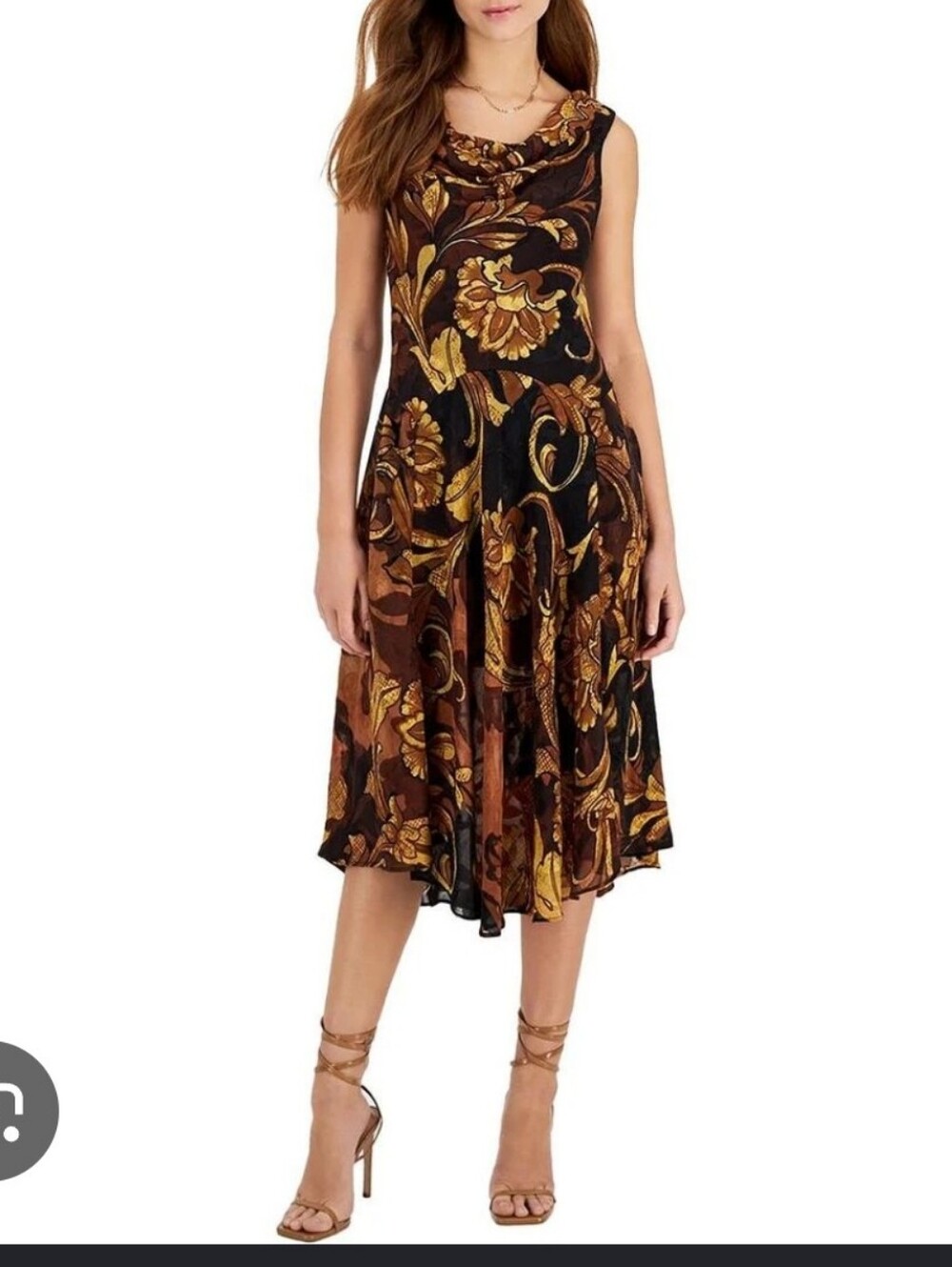 Signature by Robbie Bee Brown Floral Midi Dress 8P Petite Sleeveless Party